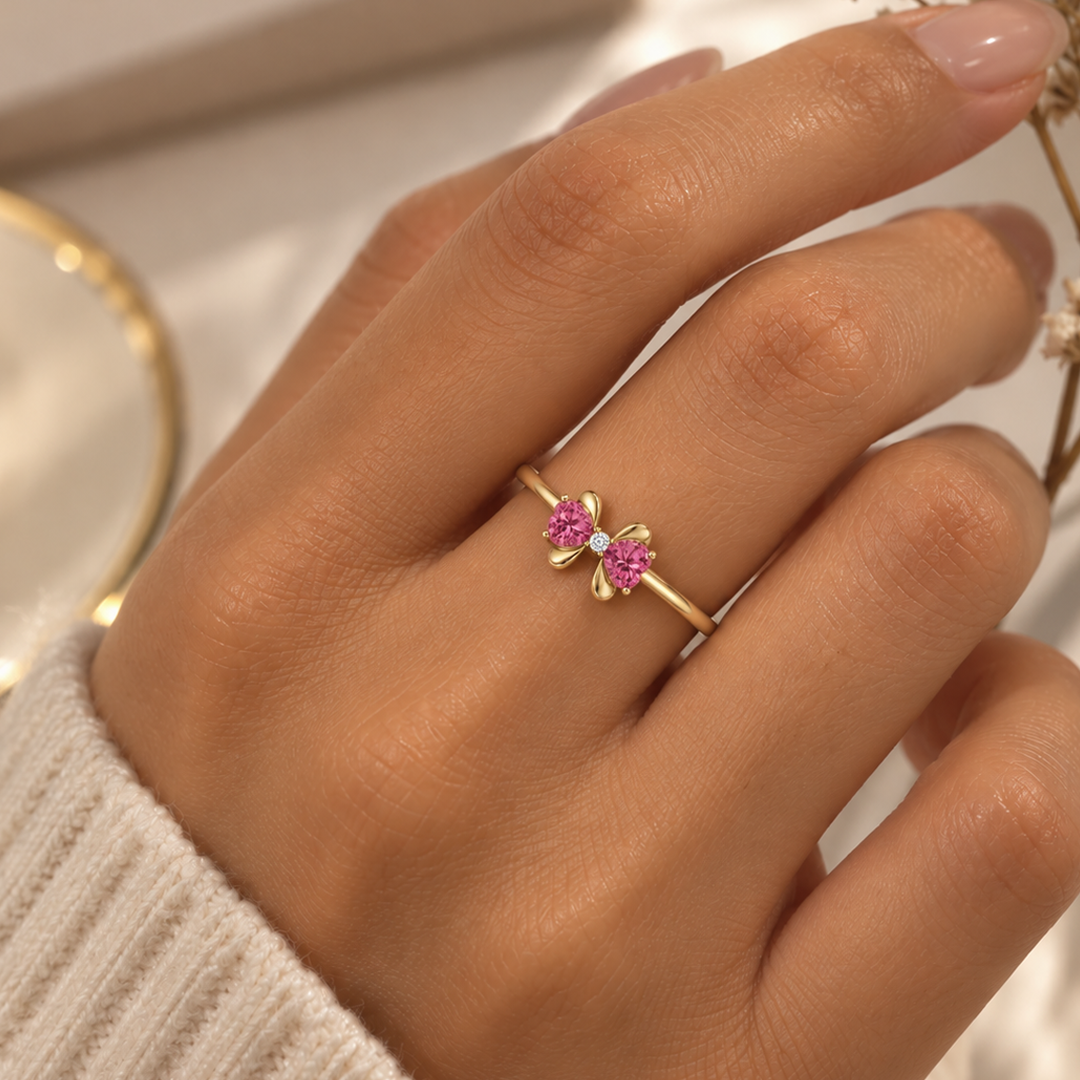 Heart Birthstone Bow Ring