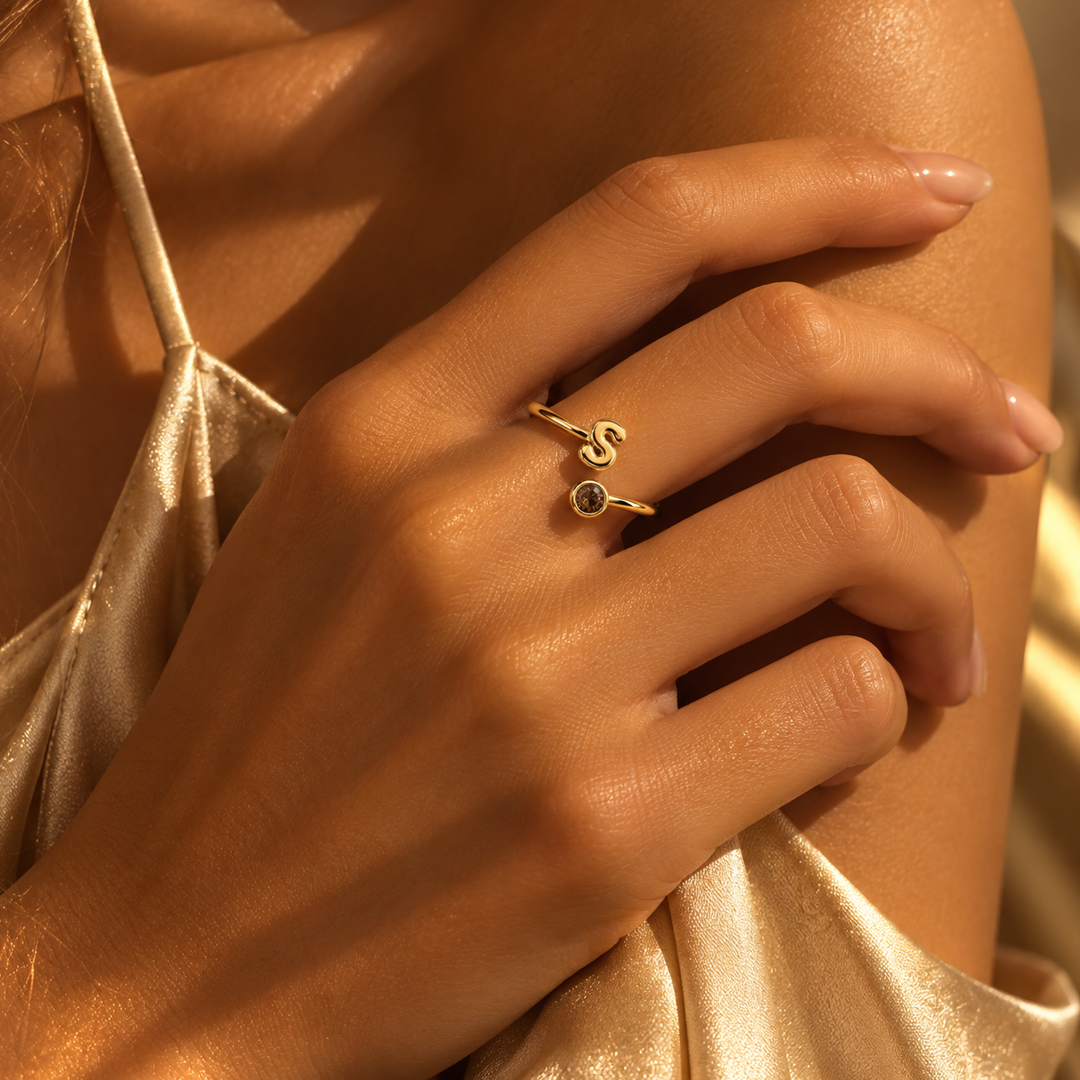 Puffy Initial Birthstone Bypass Ring