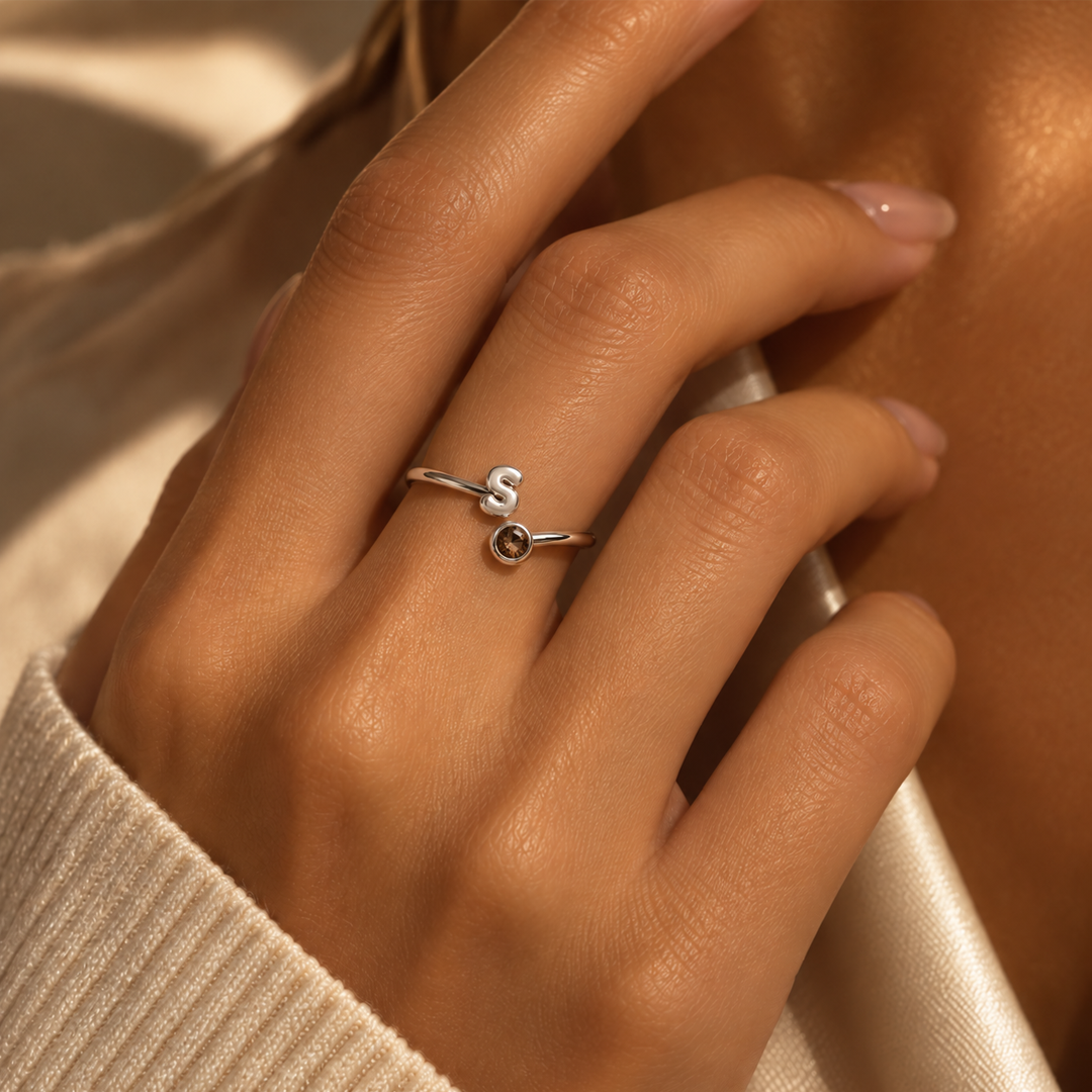 Puffy Initial Birthstone Bypass Ring