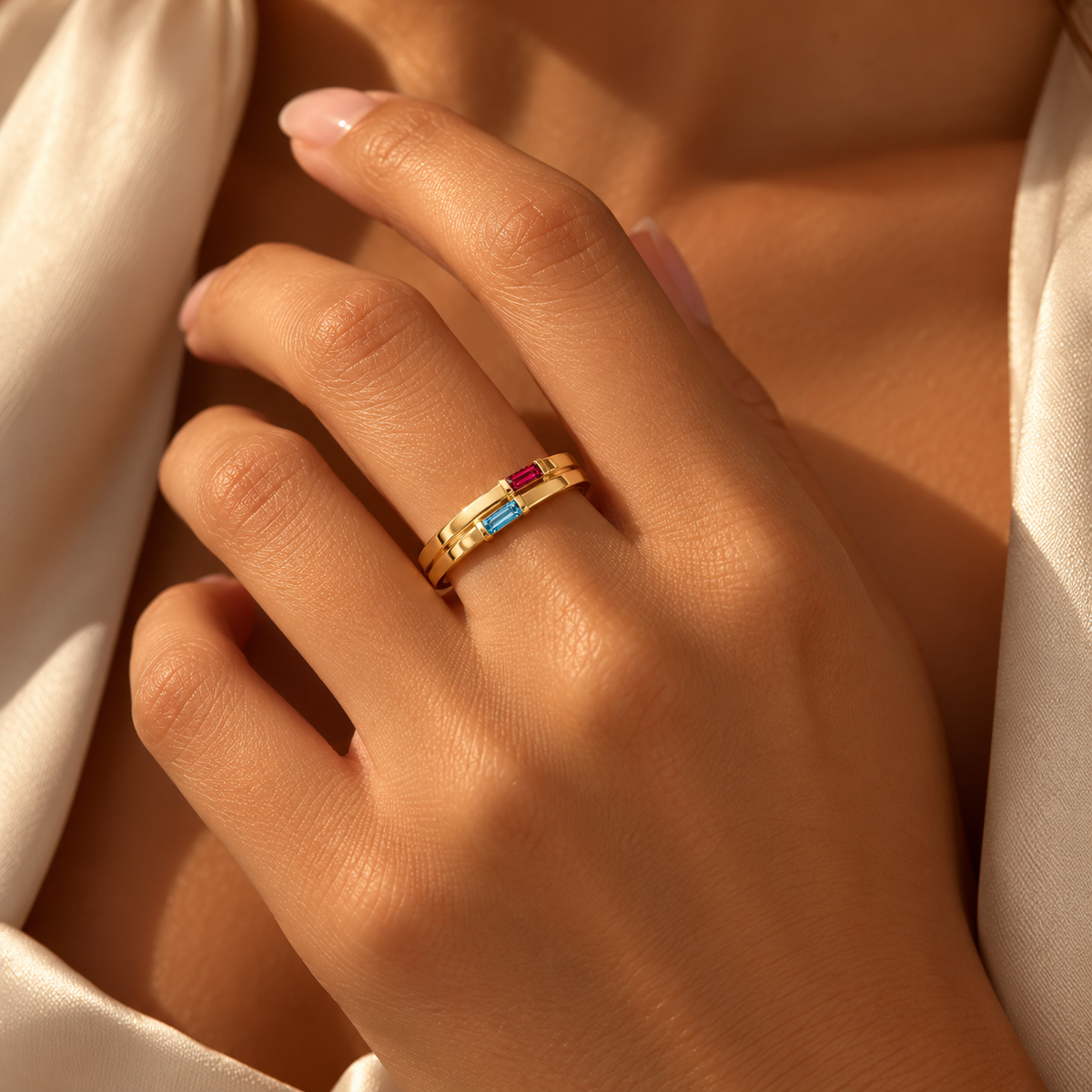 Double Baguette Birthstone Bypass Ring