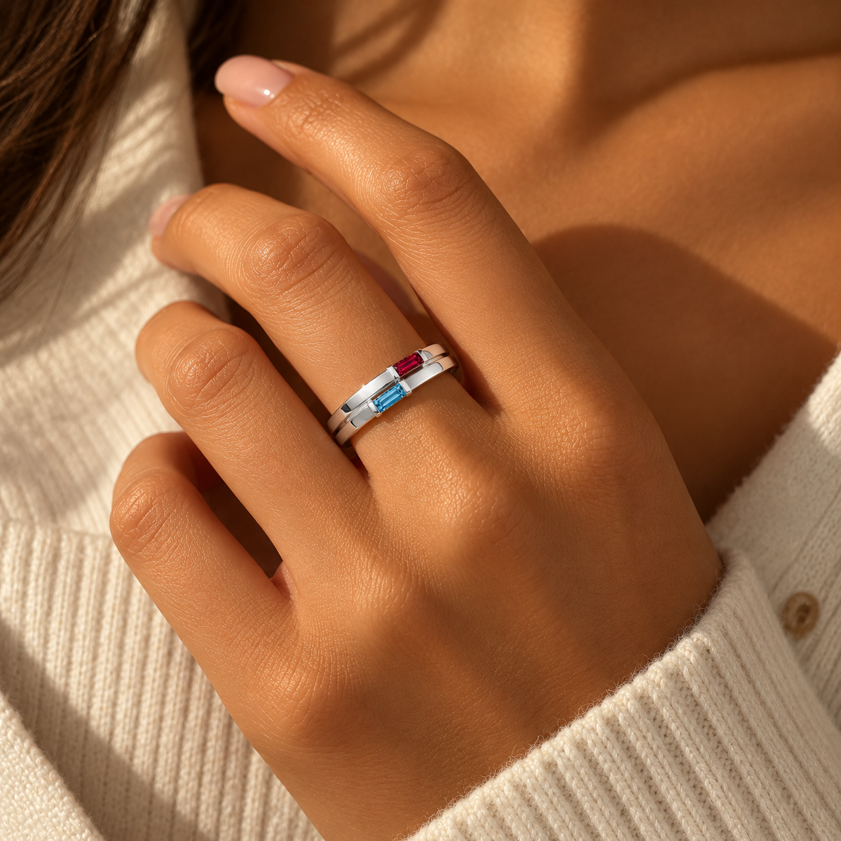 Double Baguette Birthstone Bypass Ring
