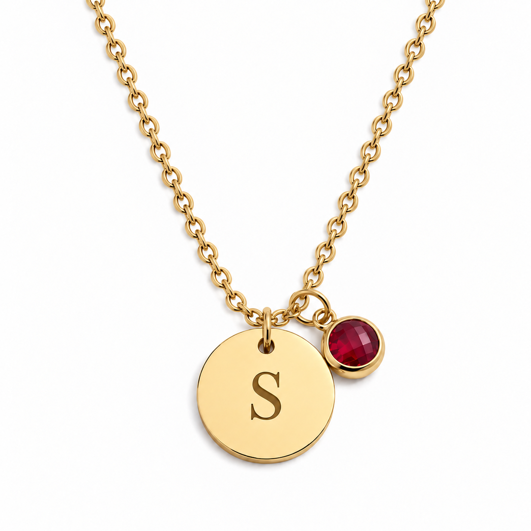 Disc Initial with Birthstone Necklace
