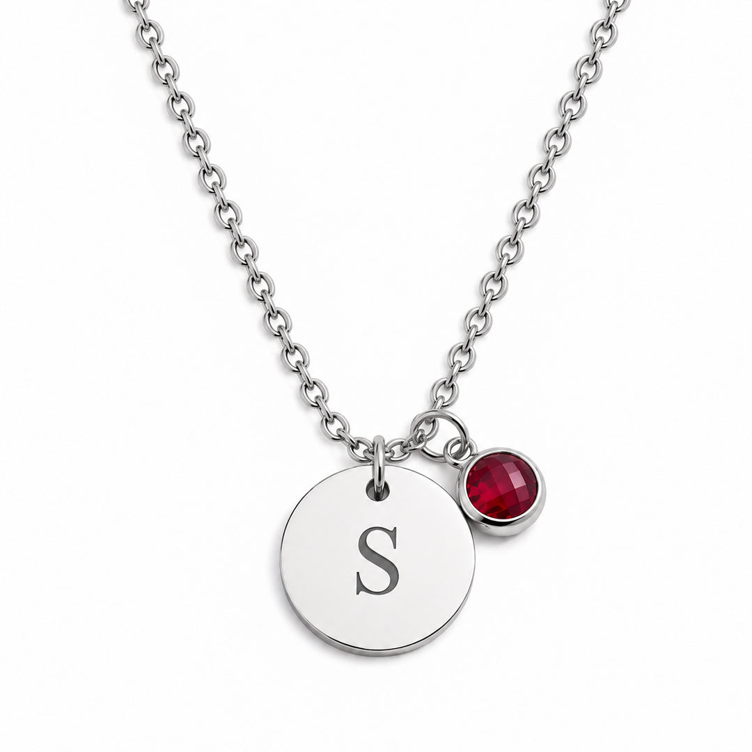 Disc Initial with Birthstone Necklace
