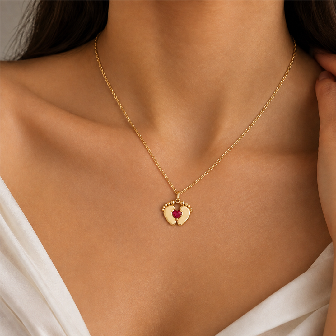 Heart Birthstone Baby Feet Necklace