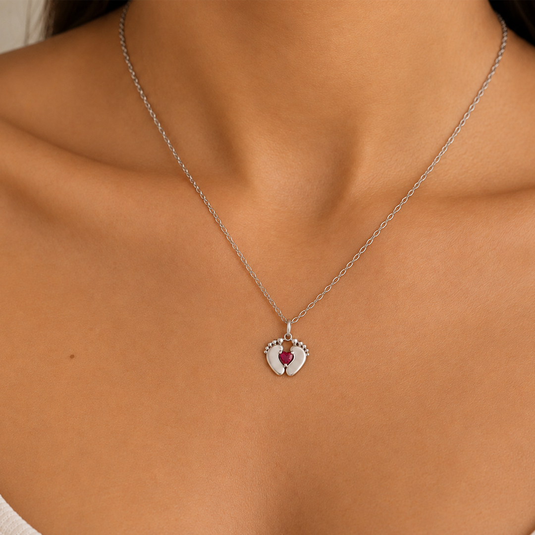 Heart Birthstone Baby Feet Necklace