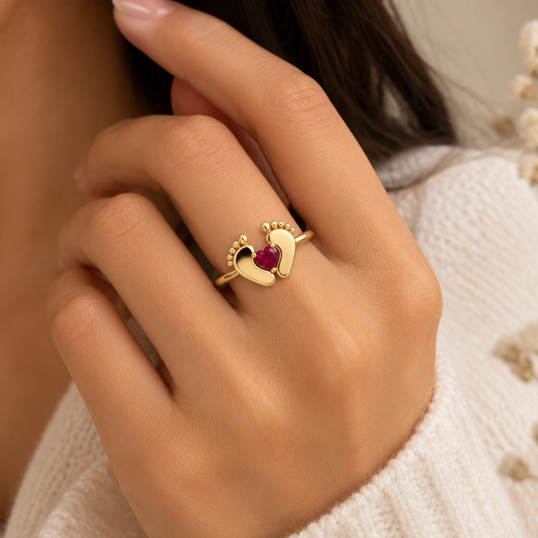 Heart Birthstone Baby Feet Ring