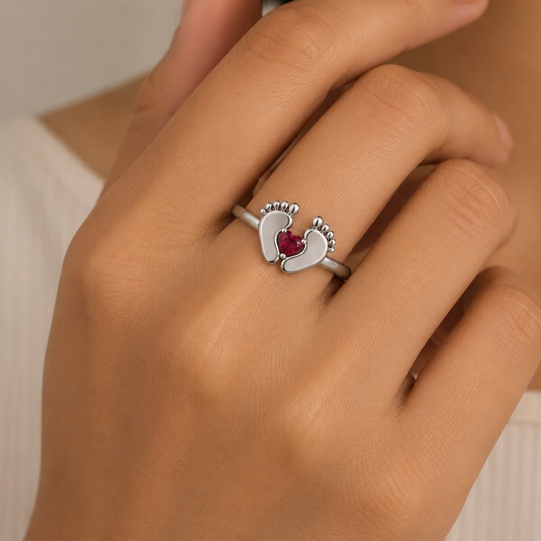 Heart Birthstone Baby Feet Ring