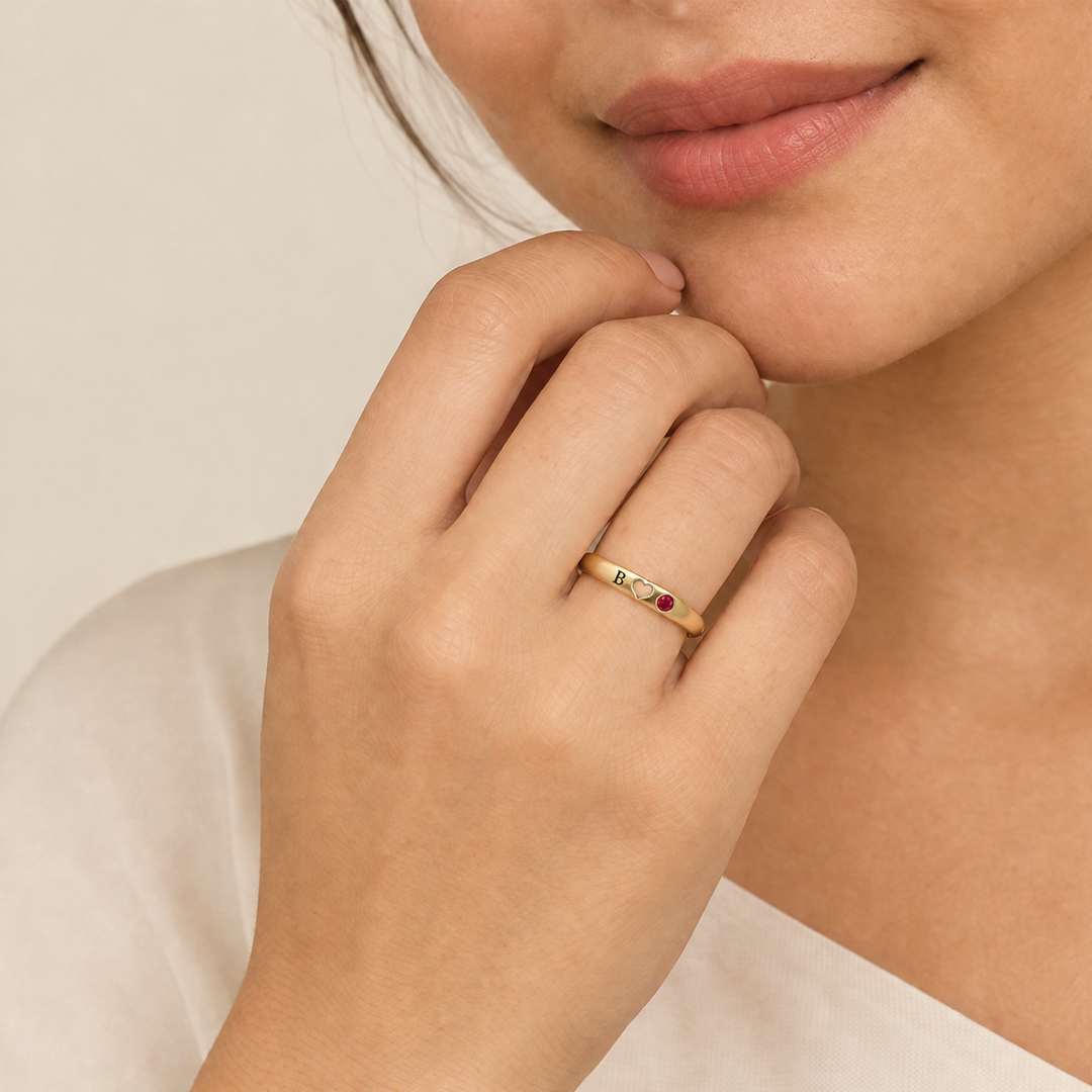 Heart Cut Out Initial Birthstone Ring