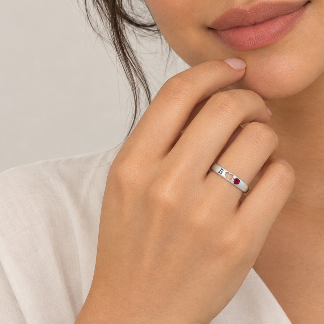 Heart Cut Out Initial Birthstone Ring
