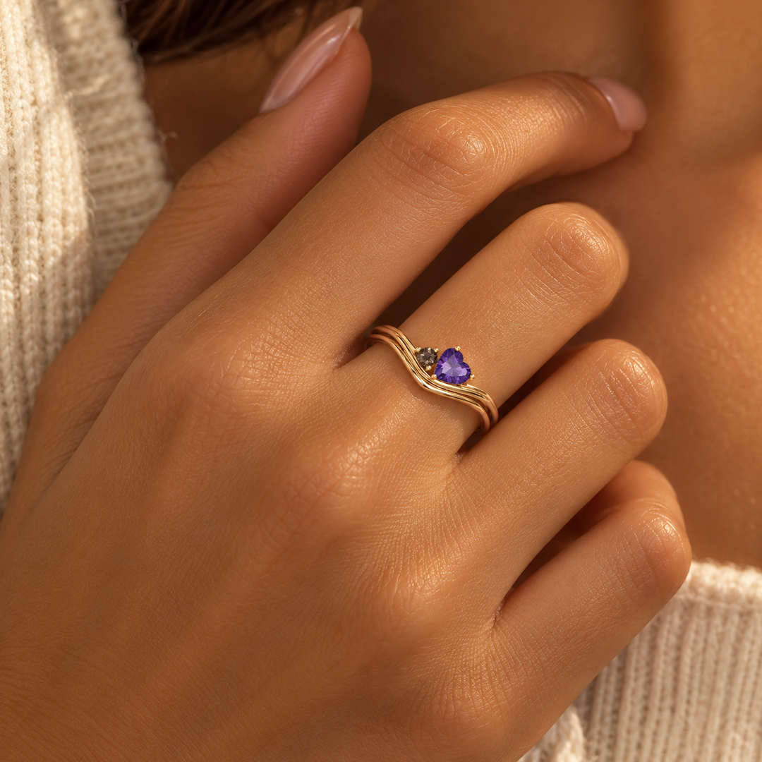Heart Wave Birthstone Ring