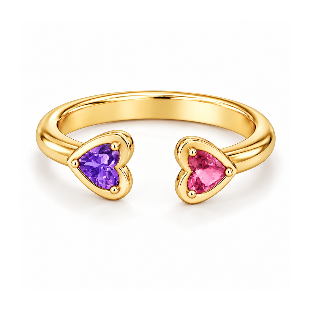 Double Heart Birthstone Cuff Ring