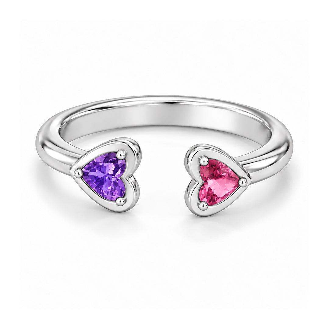 Double Heart Birthstone Cuff Ring