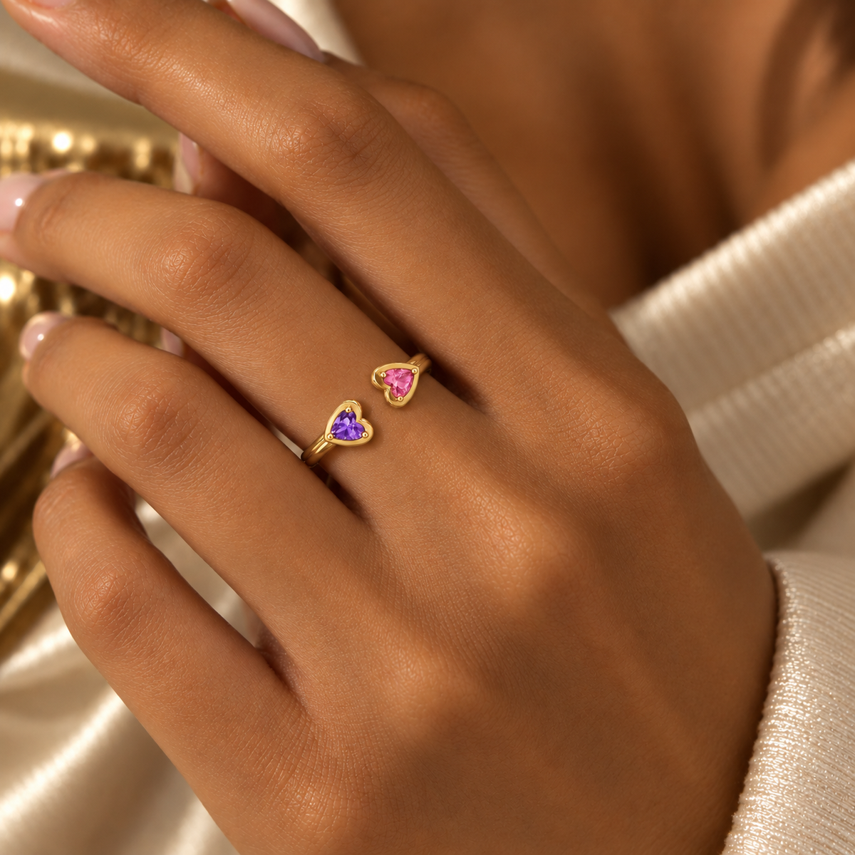 Double Heart Birthstone Cuff Ring