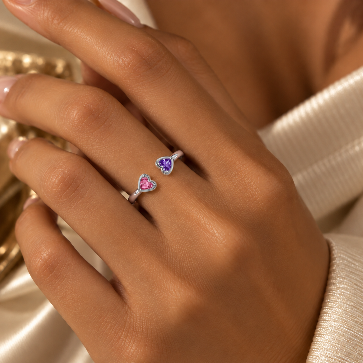 Double Heart Birthstone Cuff Ring
