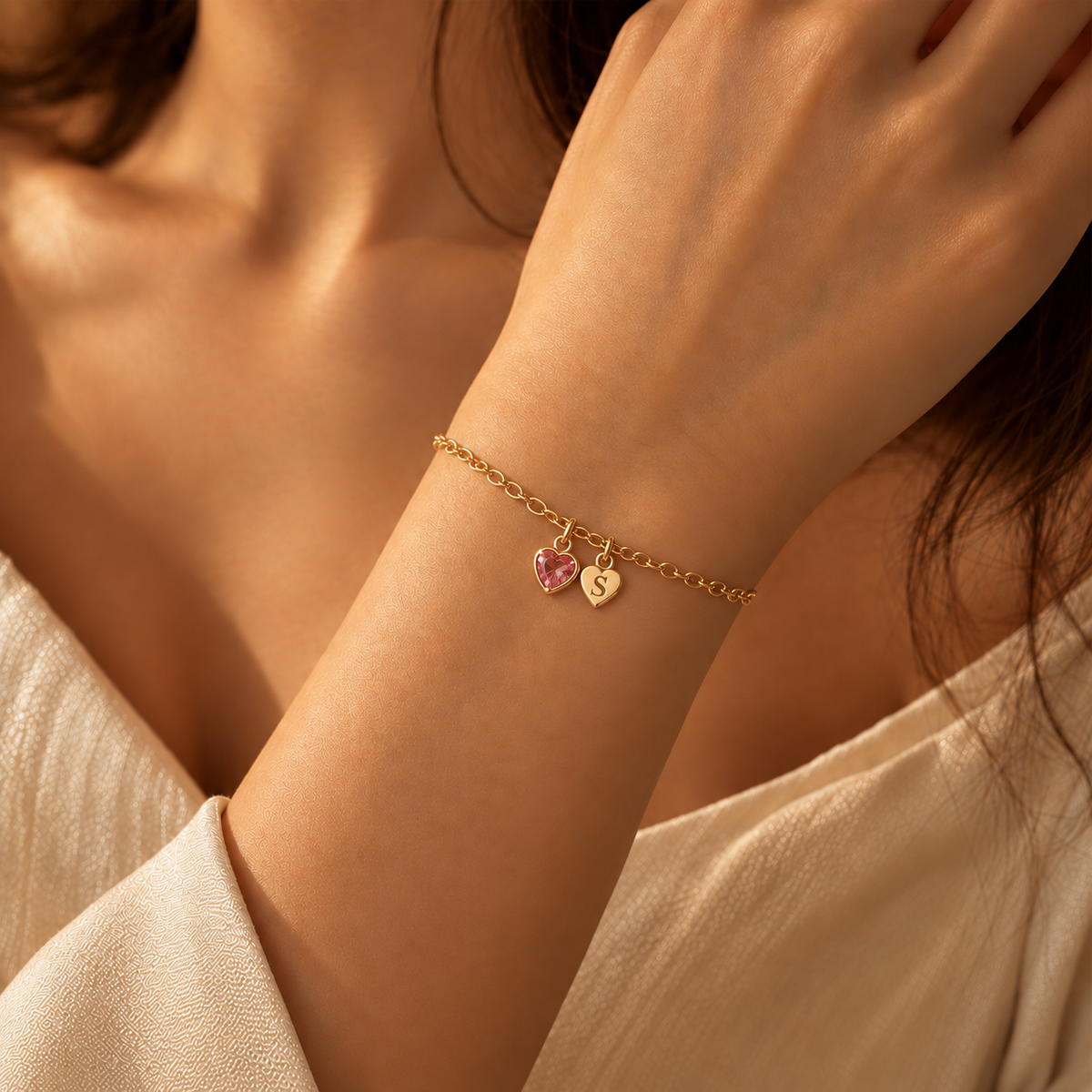 Initial Heart Charms Birthstone Bracelet