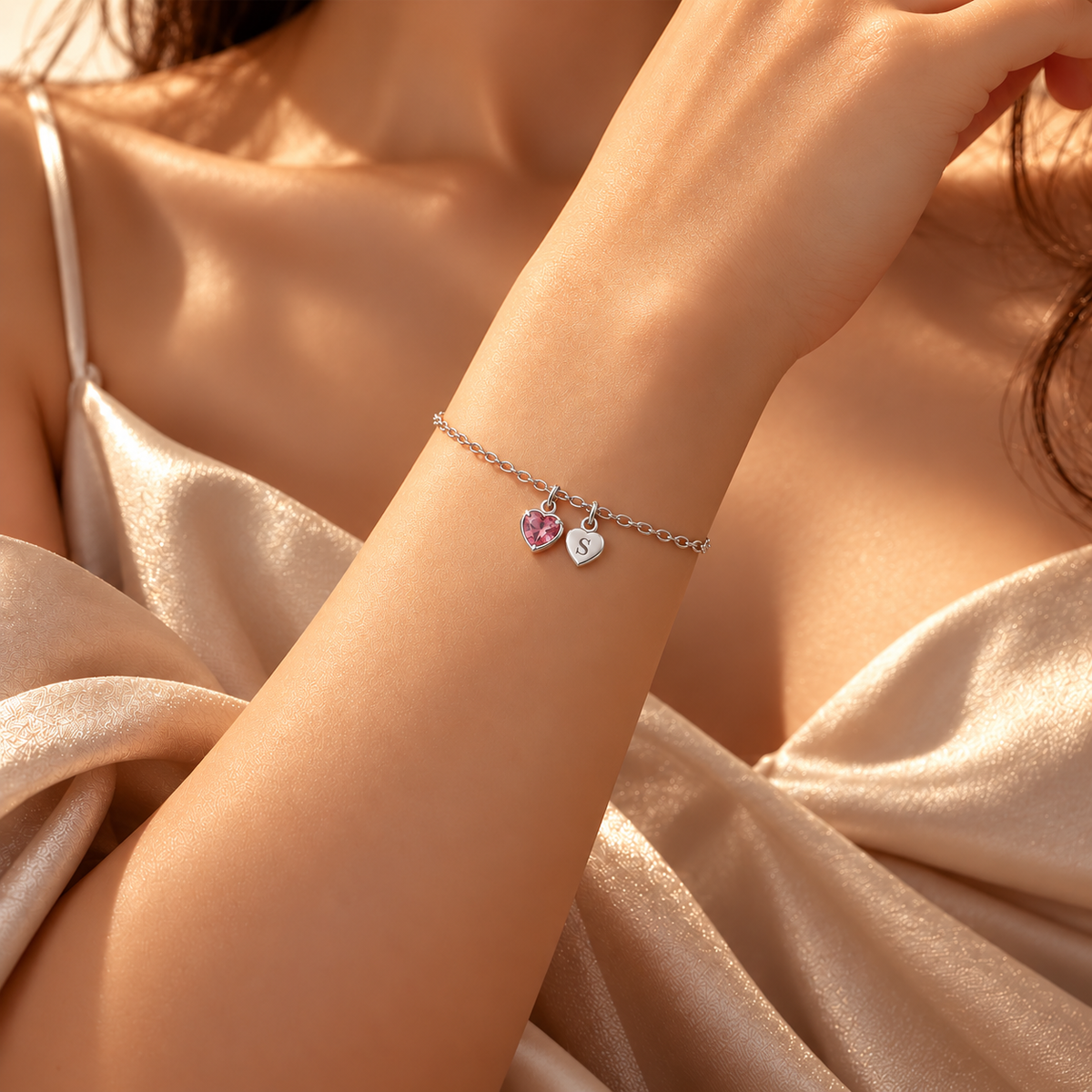 Initial Heart Charms Birthstone Bracelet