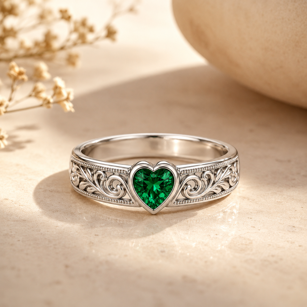 Leaf Carved Heart Wedding Band Ring