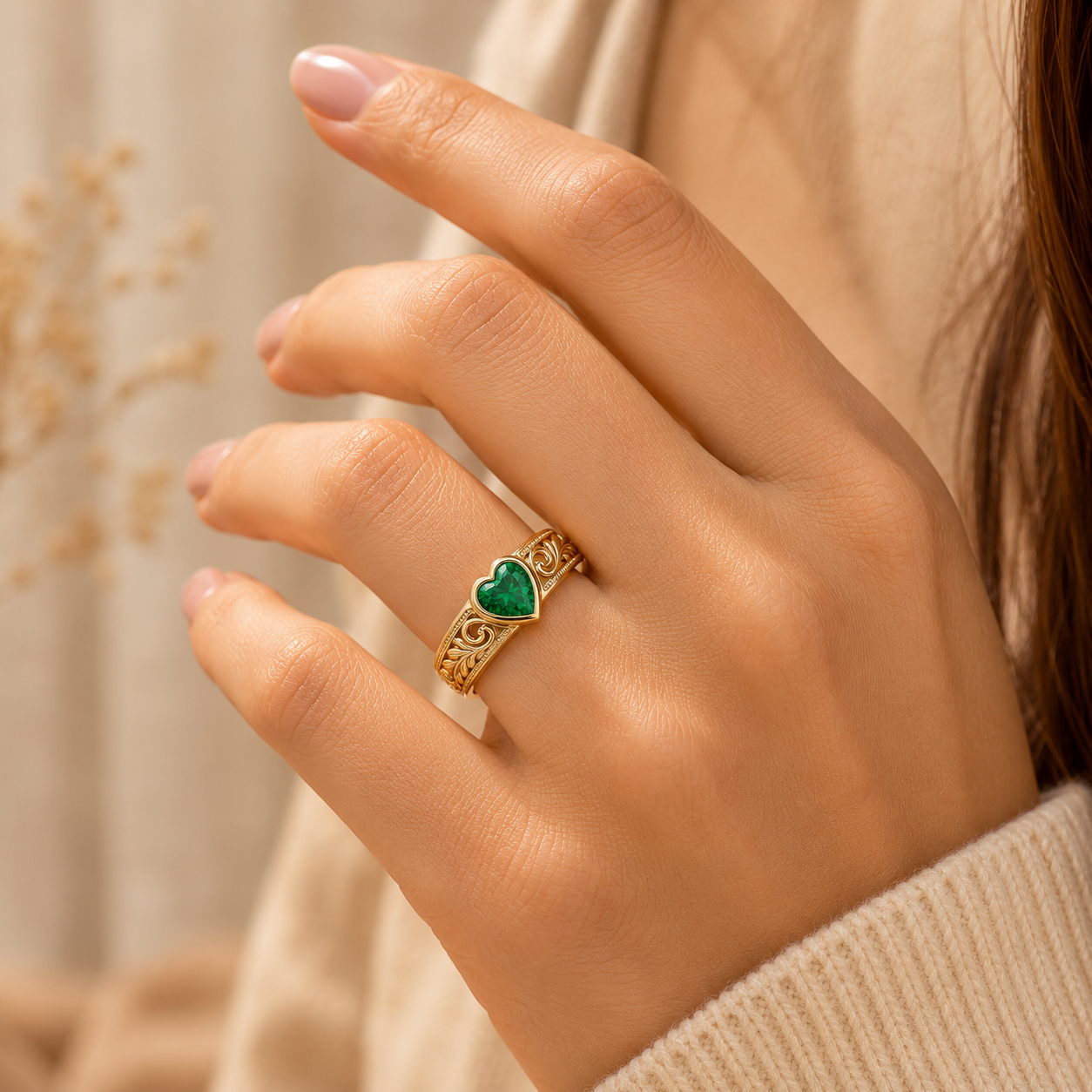 Leaf Carved Heart Wedding Band Ring