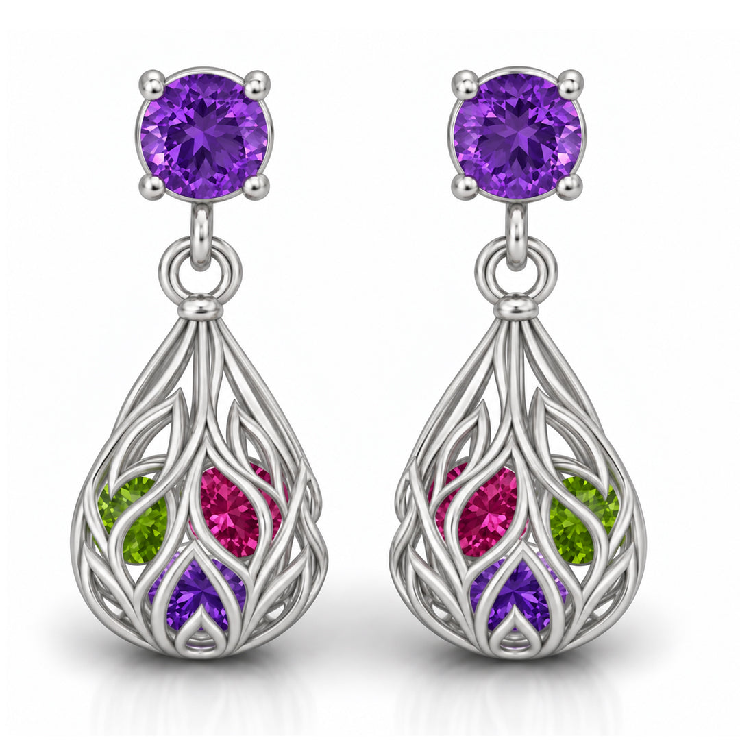 Leafveil Gemstone Cage Earrings