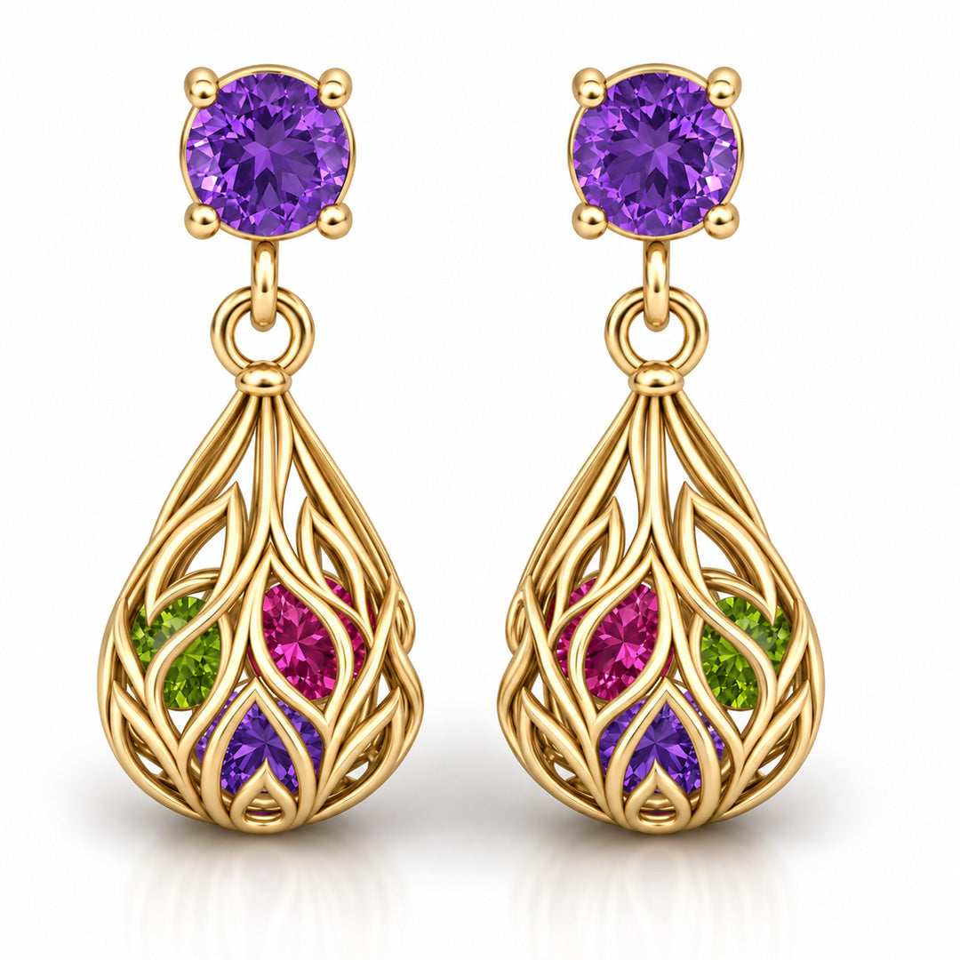Leafveil Gemstone Cage Earrings