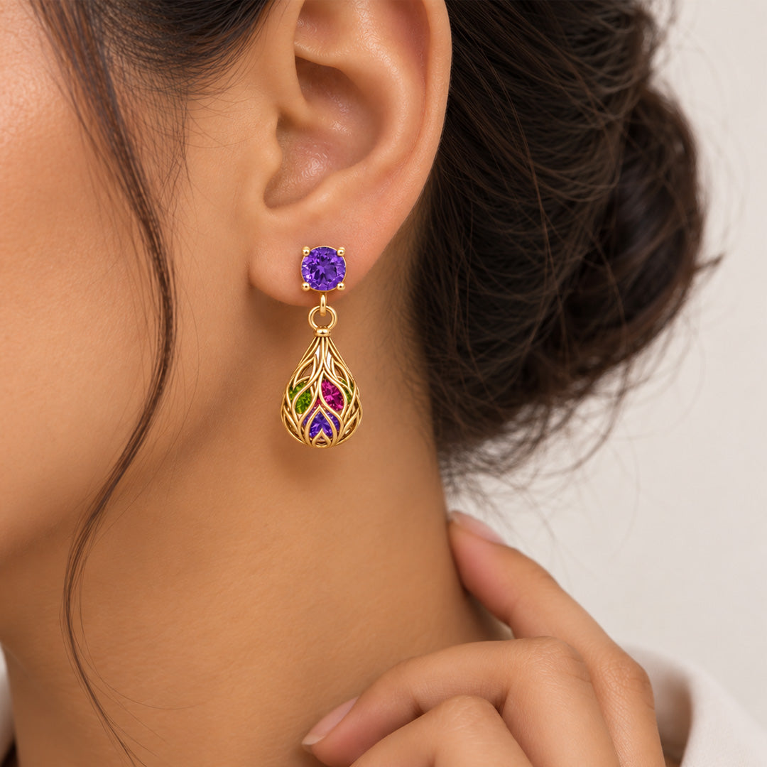Leafveil Gemstone Cage Earrings