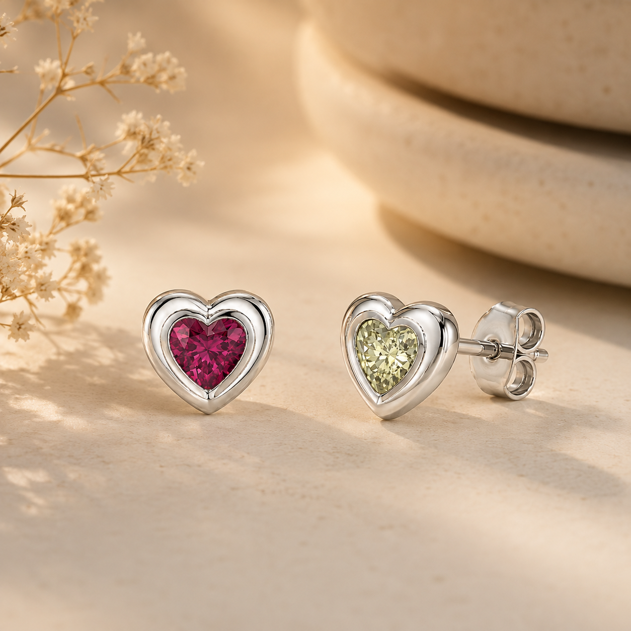 Puffy Heart Birthstone Stud Earrings