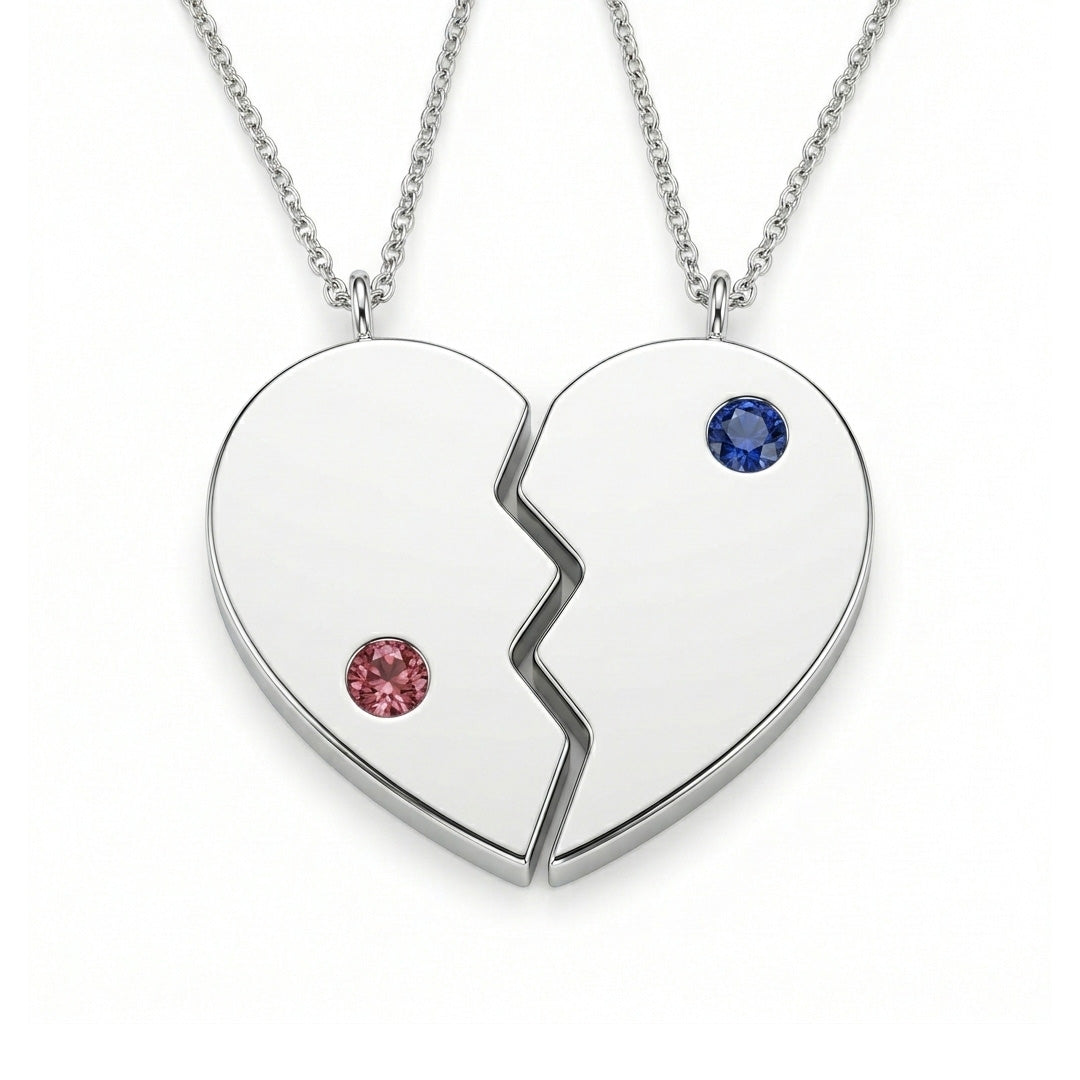 Split Heart Birthstone Couple Necklace Set