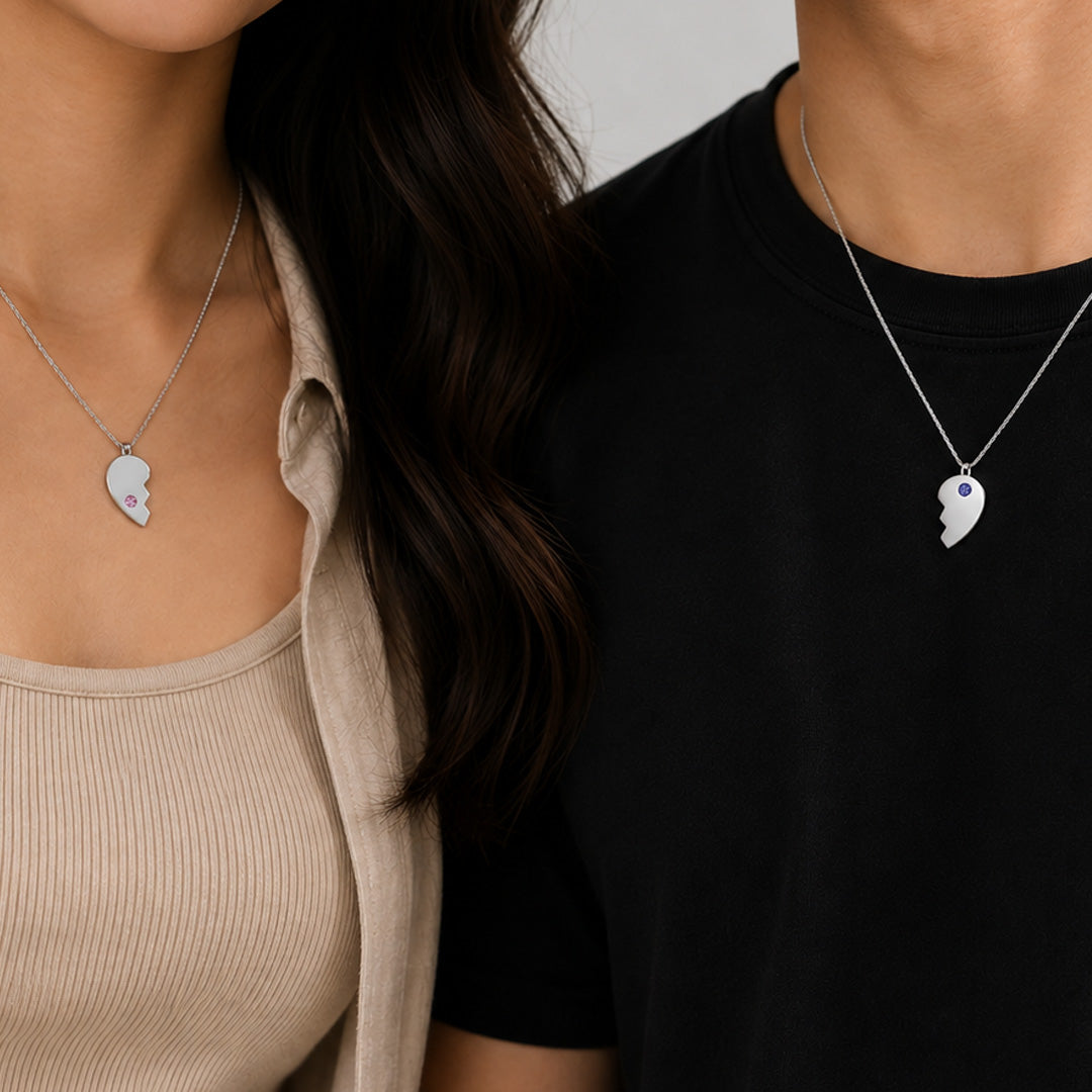 Split Heart Birthstone Couple Necklace Set