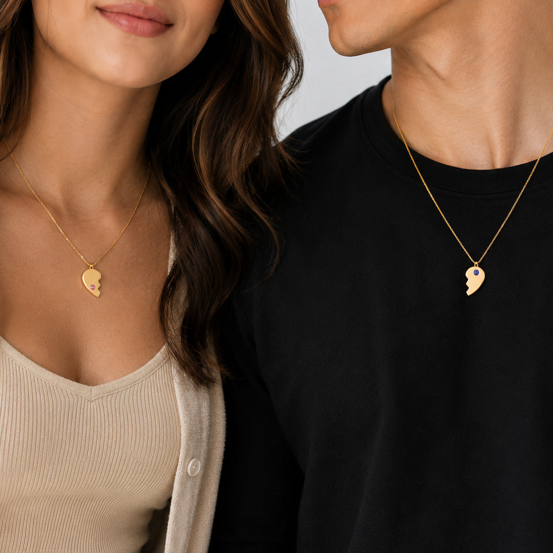 Split Heart Birthstone Couple Necklace Set