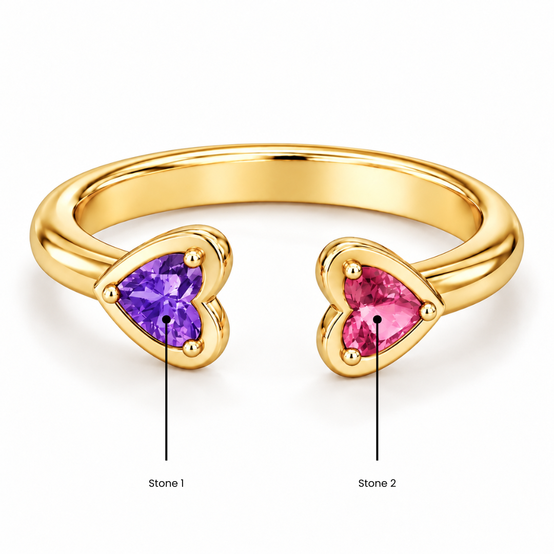 Double Heart Birthstone Cuff Ring