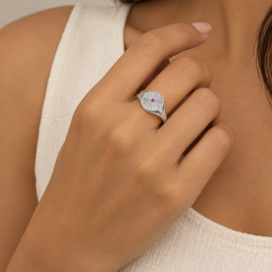 Sunburst Birthstone Signet Ring