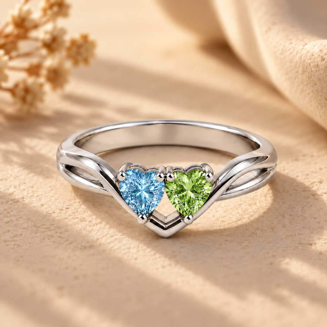 Tilted Double Heart Gemstone Ring