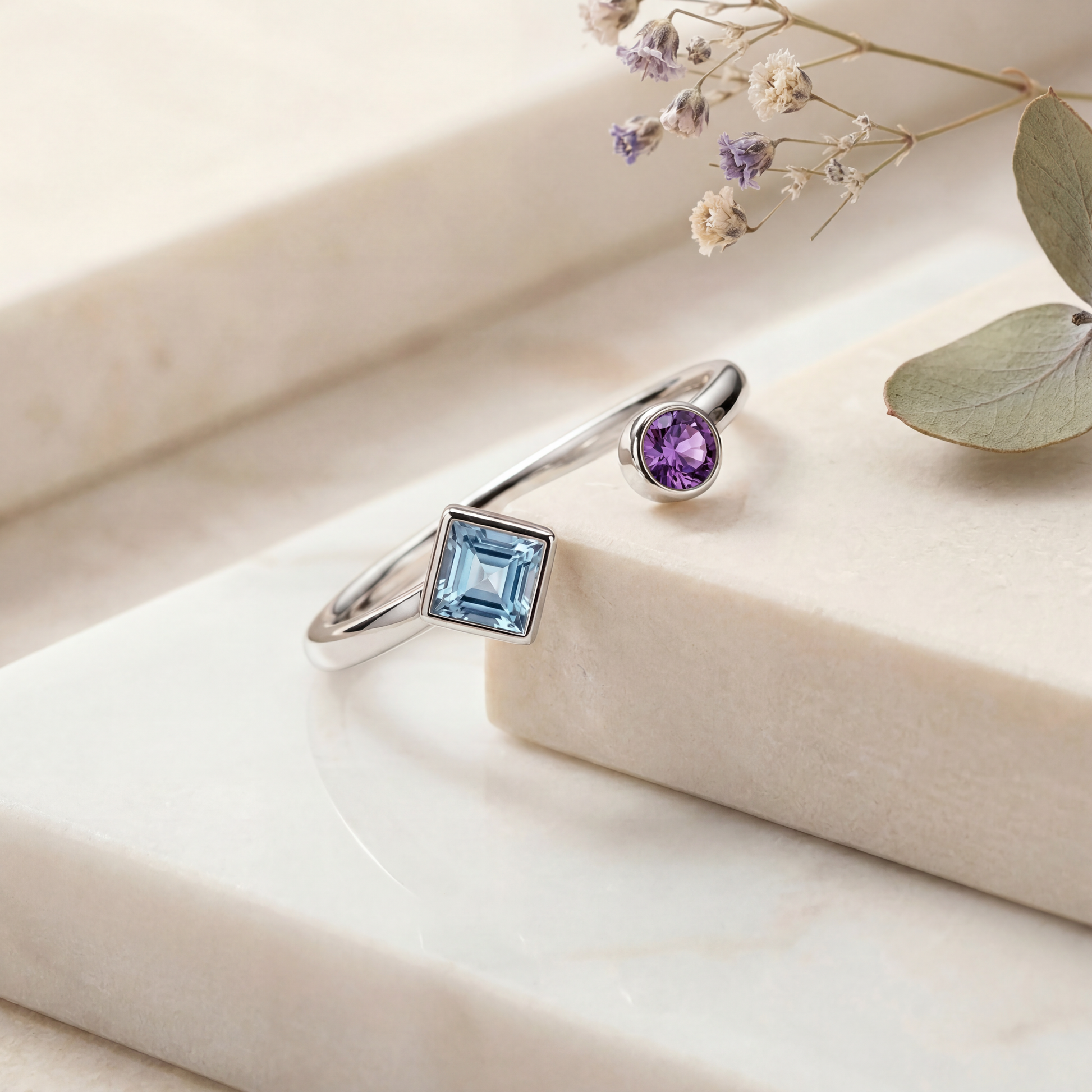Birthstone  Open Cuff Ring