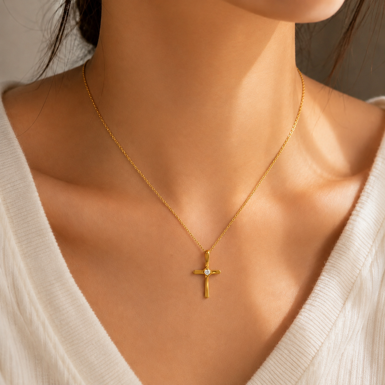 Curved Cross Birthstone Necklace