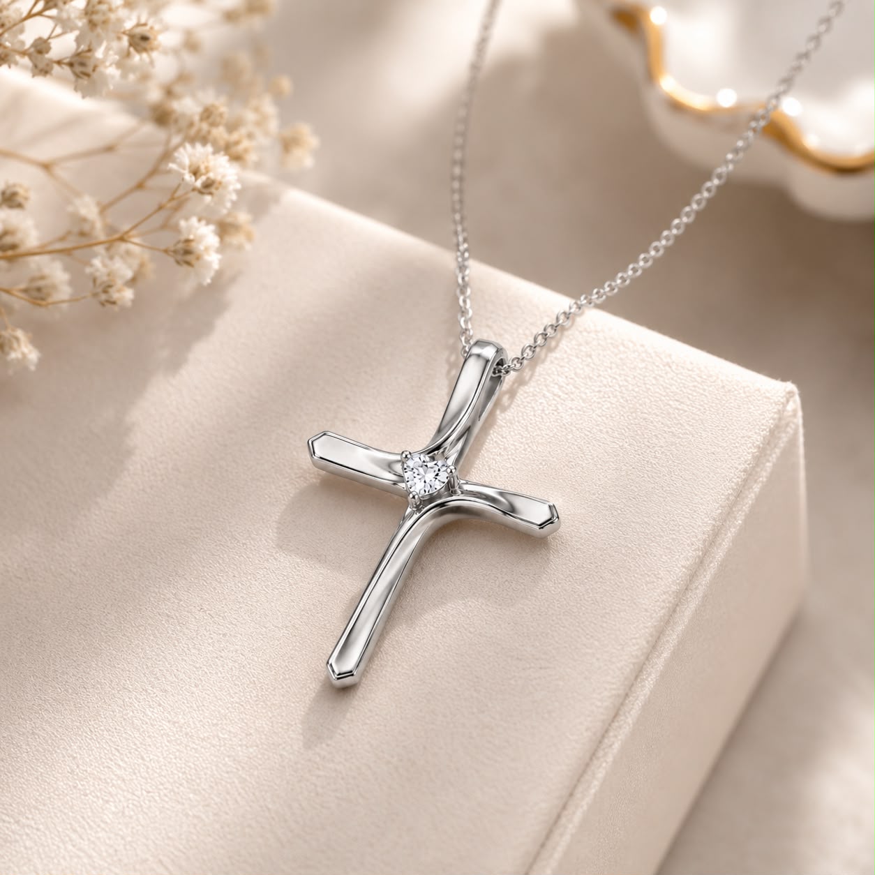 Curved Cross Birthstone Necklace