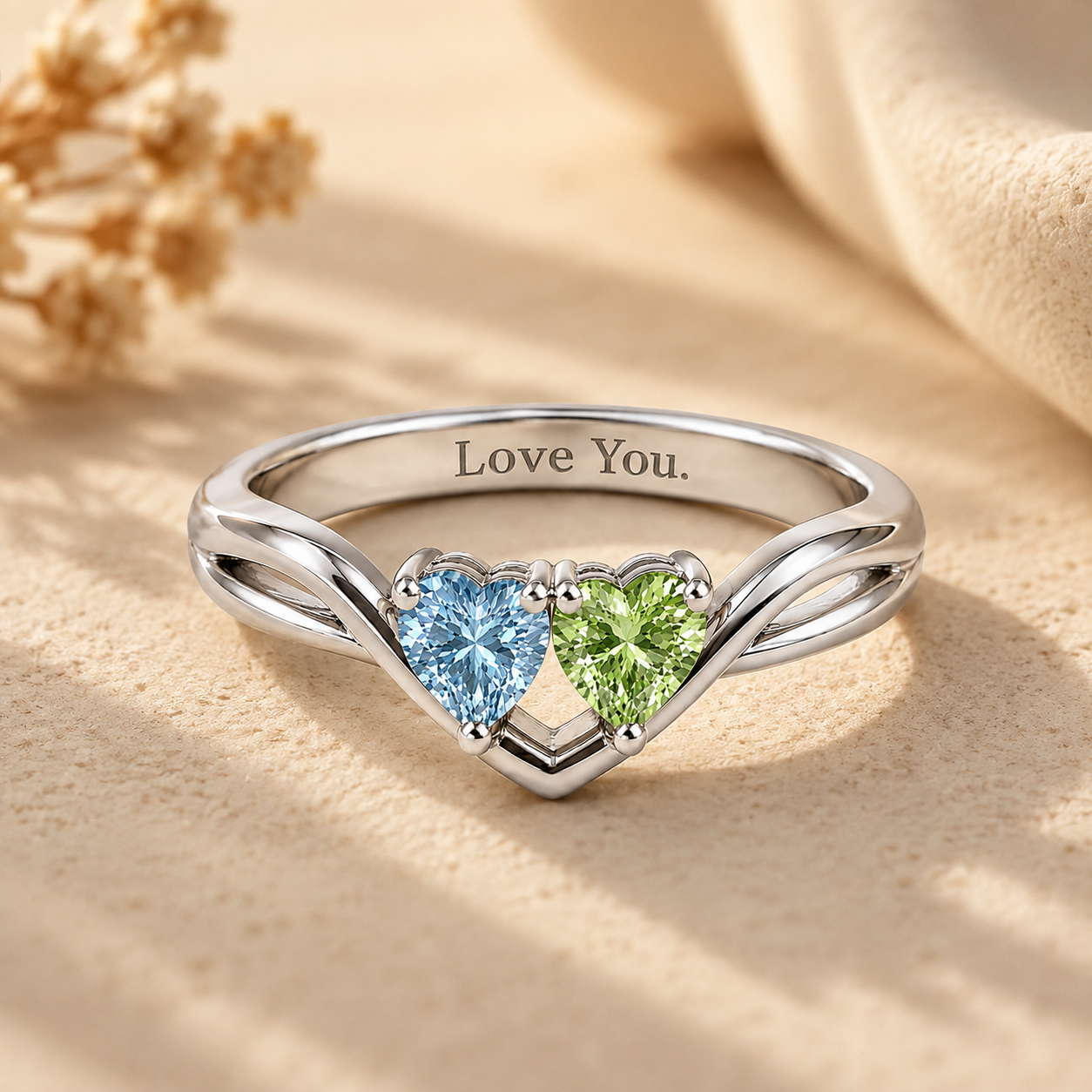 Tilted Double Heart Gemstone Ring