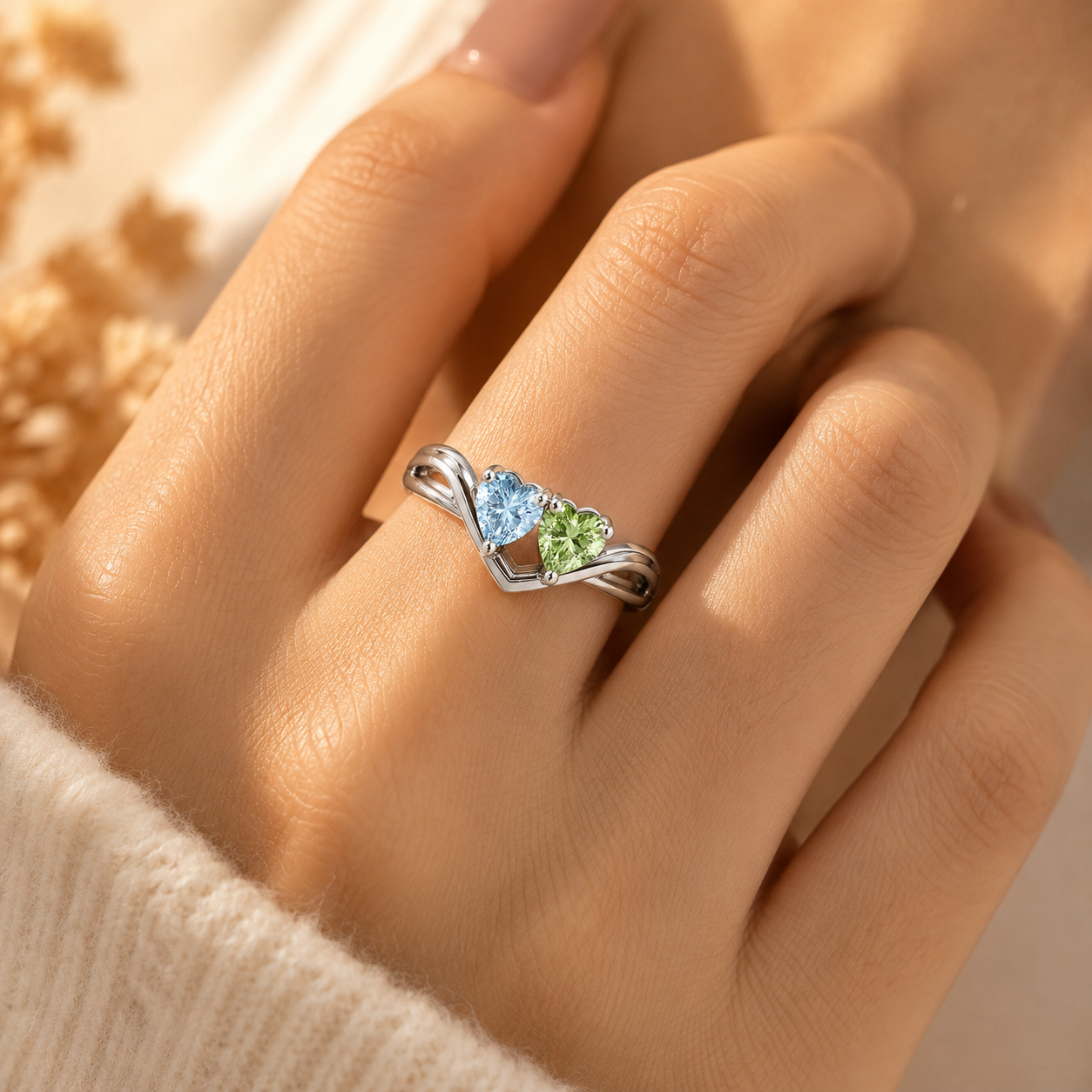 Tilted Double Heart Gemstone Ring