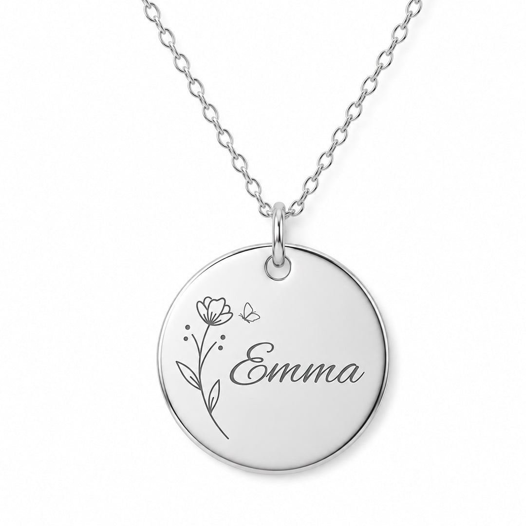 Floral Butterfly Charm Disc Necklace