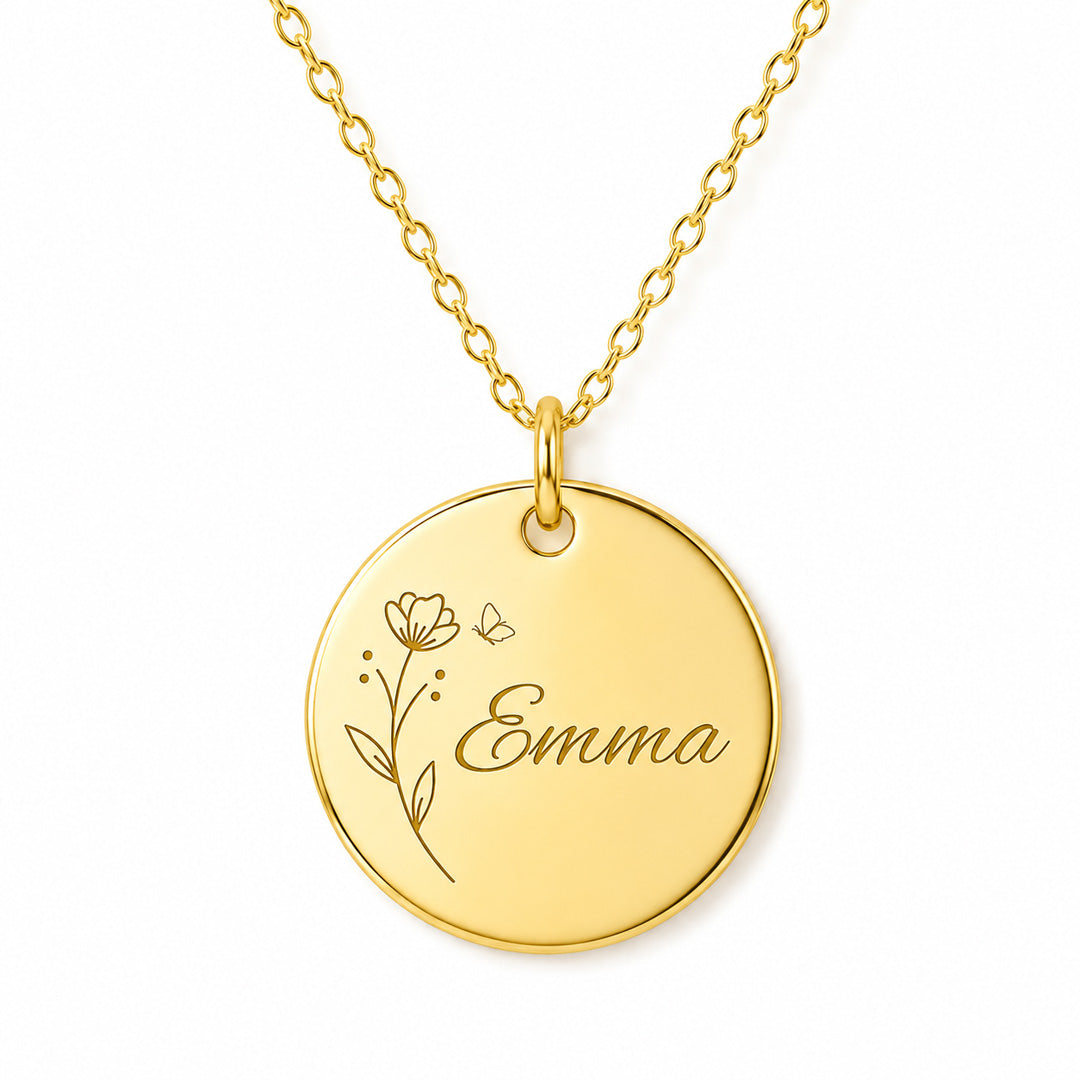 Floral Butterfly Charm Disc Necklace