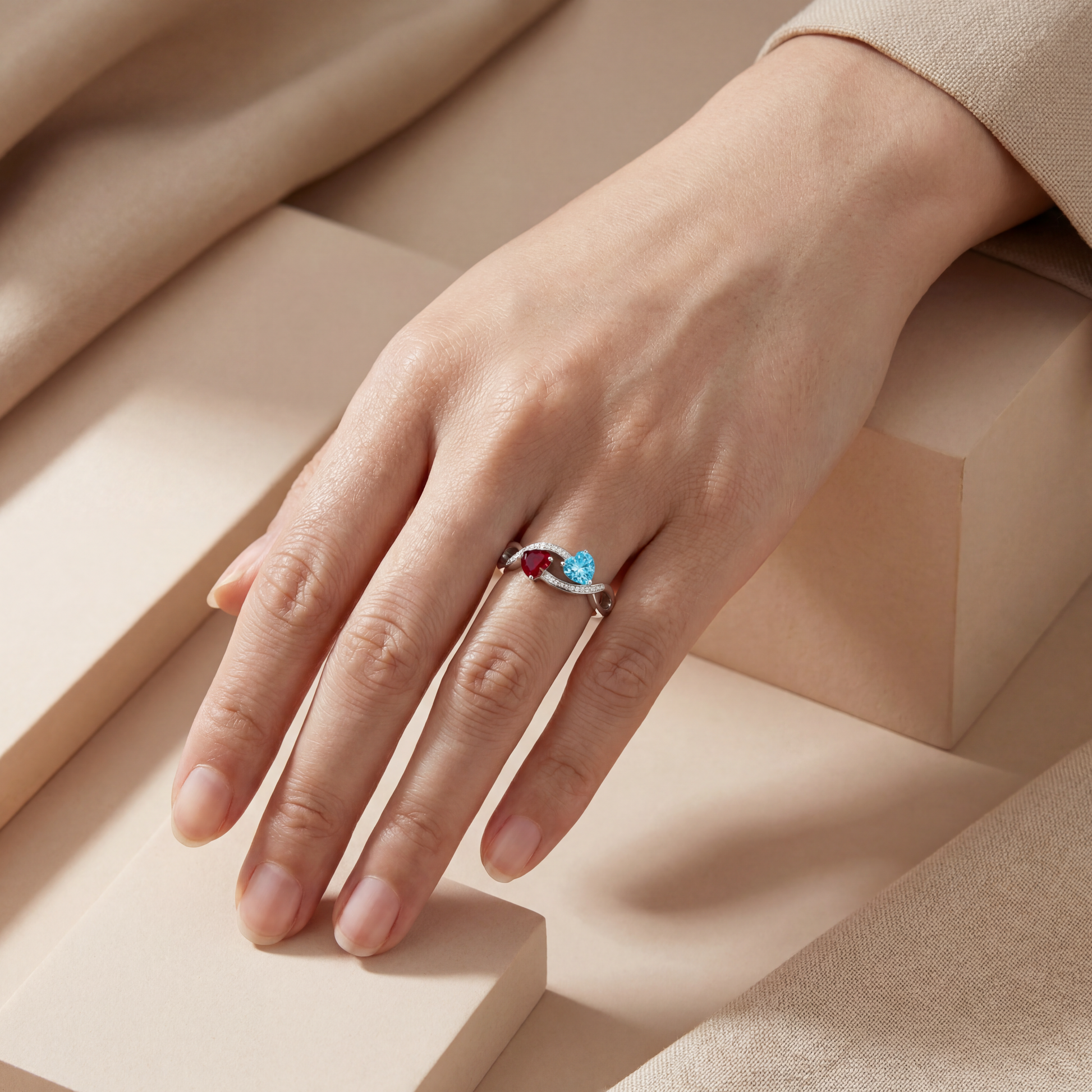 2 Heart Birthstone Ring