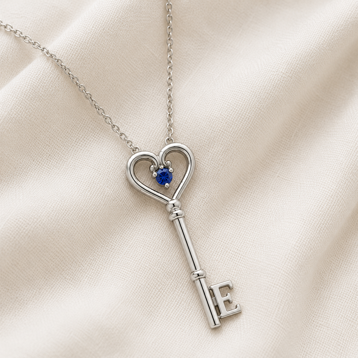 Initial Key Necklace with Heart Birthstone