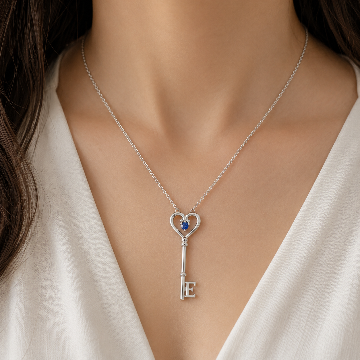 Initial Key Necklace with Heart Birthstone