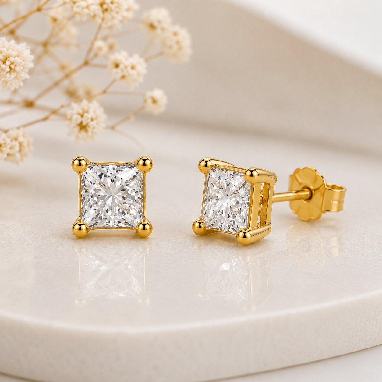Princess Cut Birthstone Stud Earrings