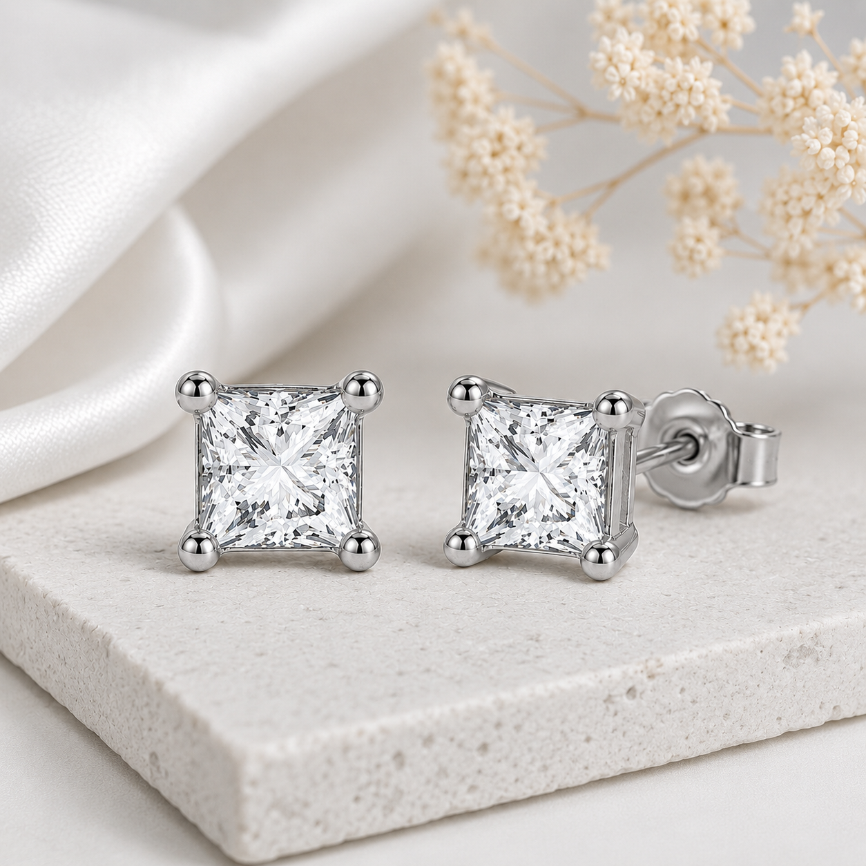 Princess Cut Birthstone Stud Earrings