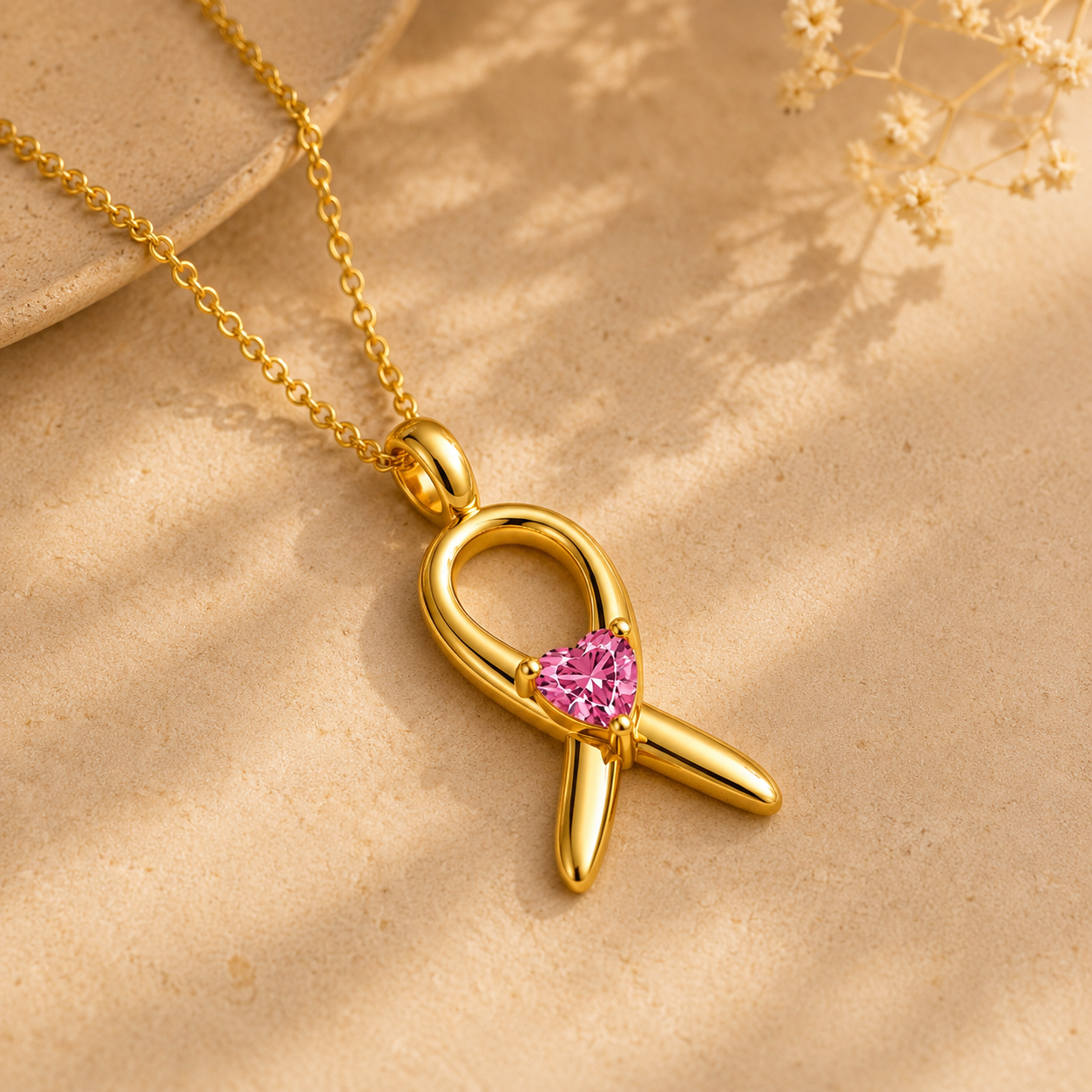 Awareness Ribbon Necklace with Heart Stone
