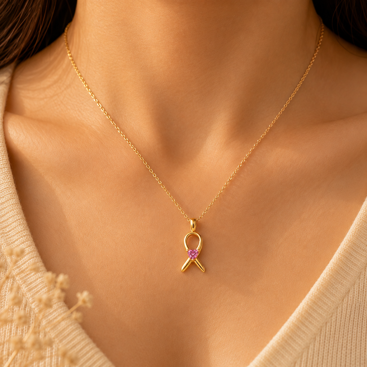 Awareness Ribbon Necklace with Heart Stone
