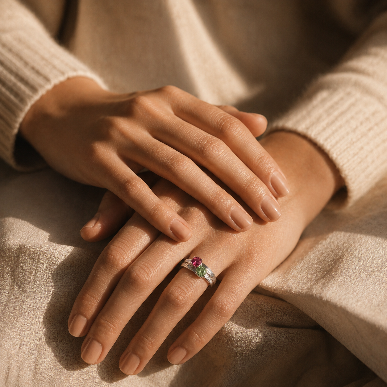Double Birthstone Engraved Ring