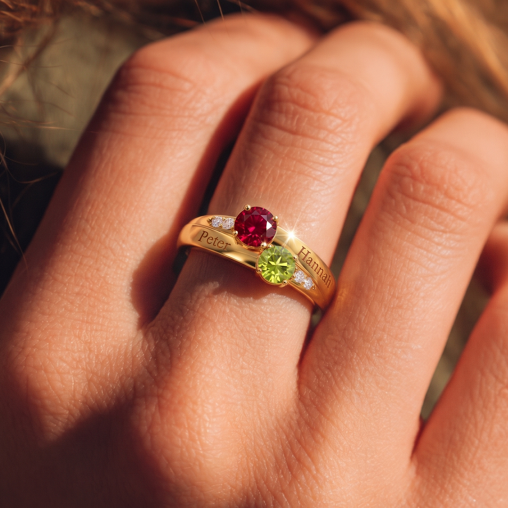 Double Birthstone Engraved Ring