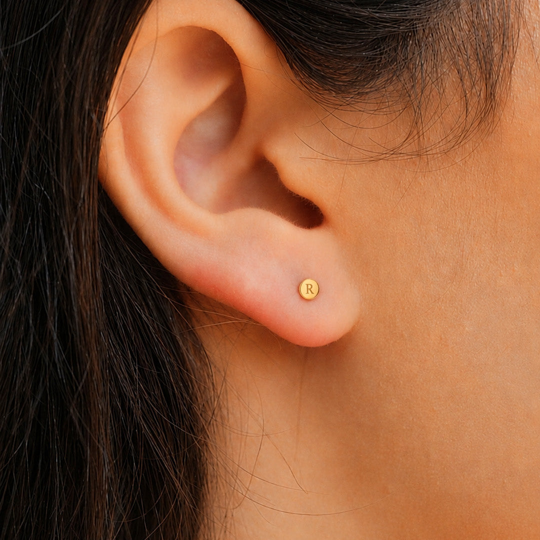 Initial Disc Stud Earrings
