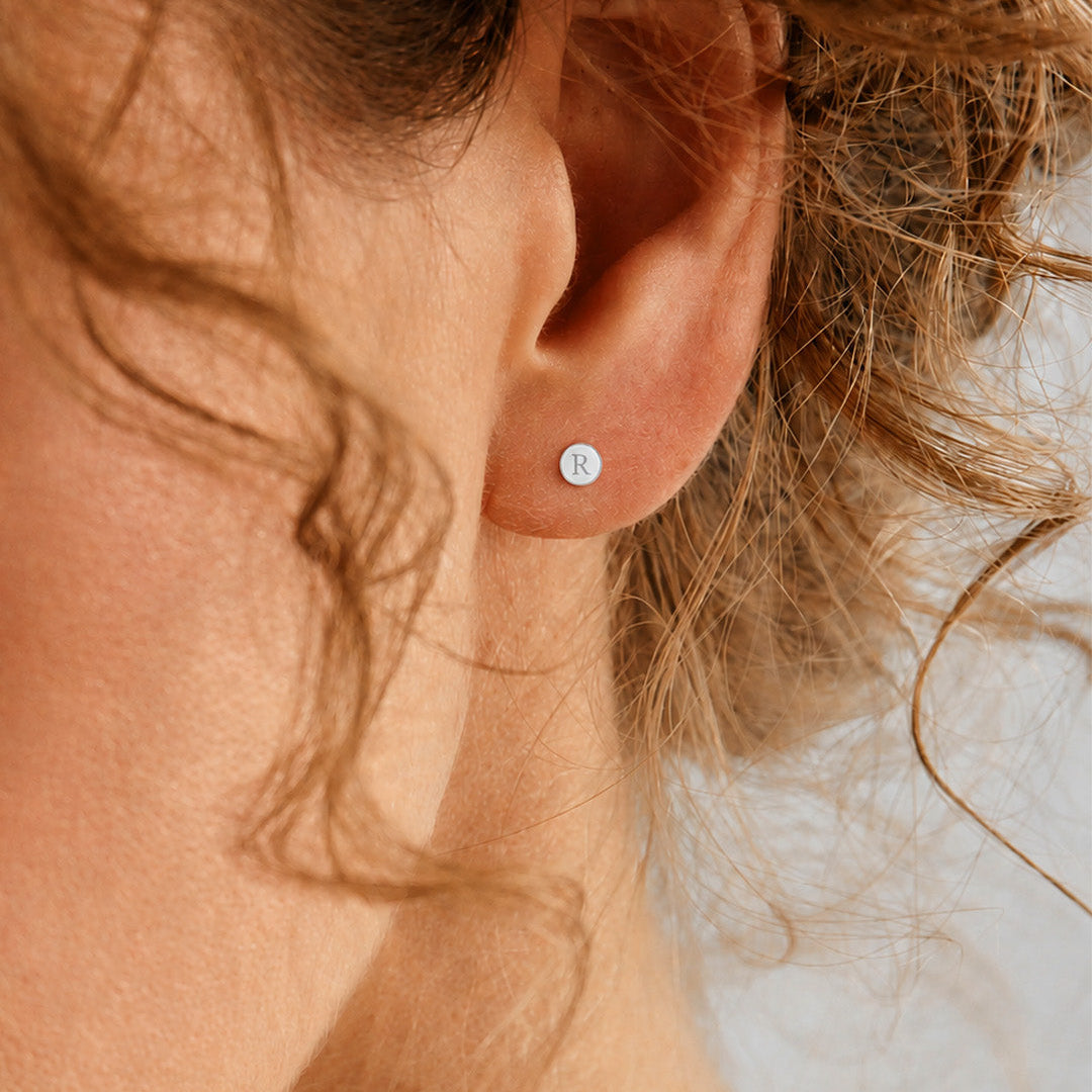 Initial Disc Stud Earrings